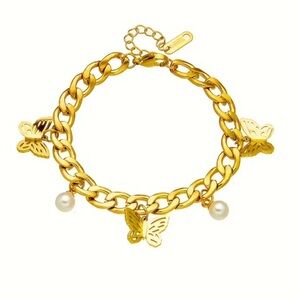 Women’s Stainless Steel Bracelet Imitation Pearl Multi Gold Butterfly Charm Gift